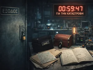 Κλειδωμένο εργαστήριο με διάφορα αντικείμενα ,κλειδωμένα κουτιά,, χαρτιά και ένα ρολόι αντίστροφης μέτρησης για την καταστροφή