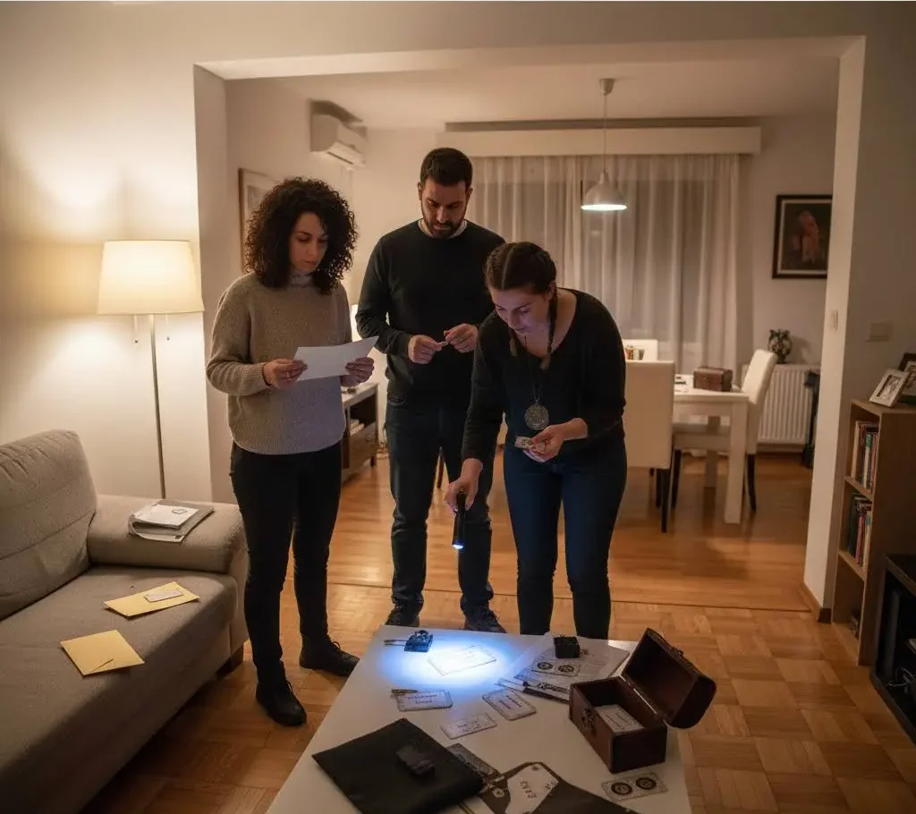 Escapebox - βραδιά παρέας με escape room παιχνίδι. 3 ενήλικες ψάχνουν στοιχεία φωτίζοντας με ένα φακό, ενώ δίπλα τους υπάρχουν κλειδωμένα σεντούκια.