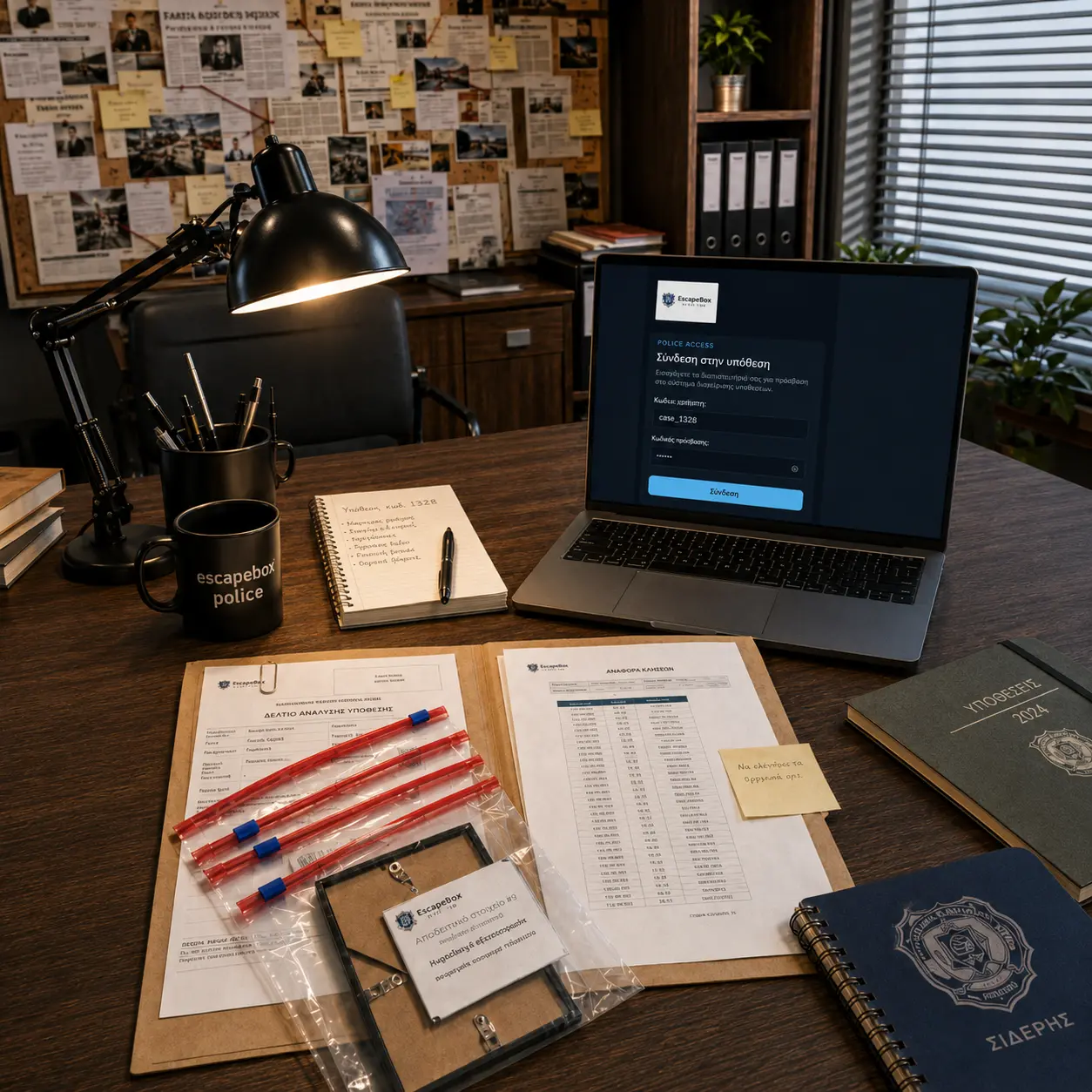 Be A Detective φυσικός φάκελος υπόθεσης και online πλατφόρμα EscapeBox police