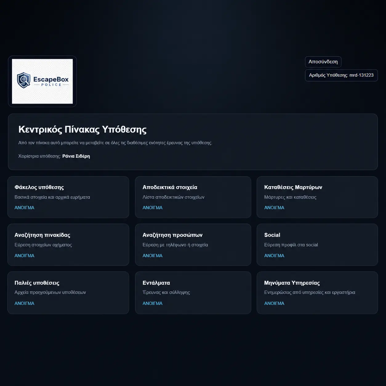 Dashboard online πλατφόρμας EscapeBox police